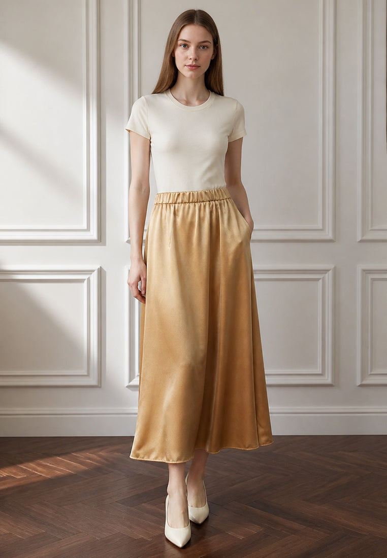 Plain B. Silky High-Rise Elastic-Waist Swing Midi Skirt