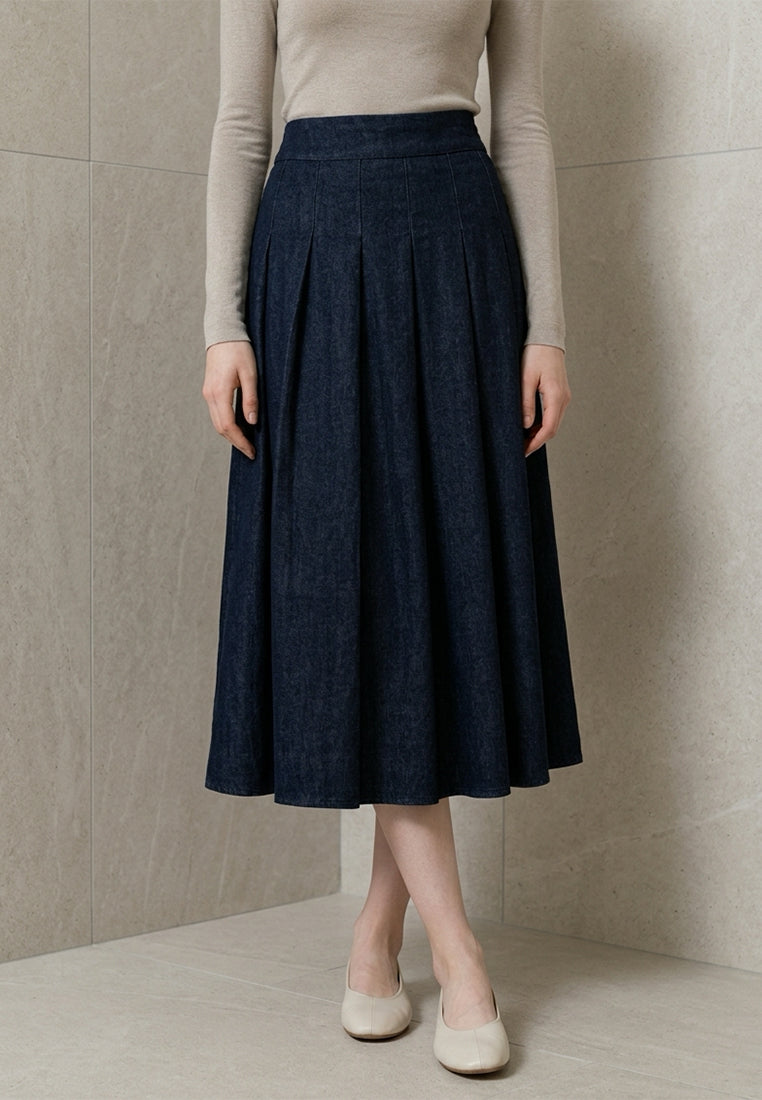 Plain B. A-Line Pleated Denim Midi Skirt