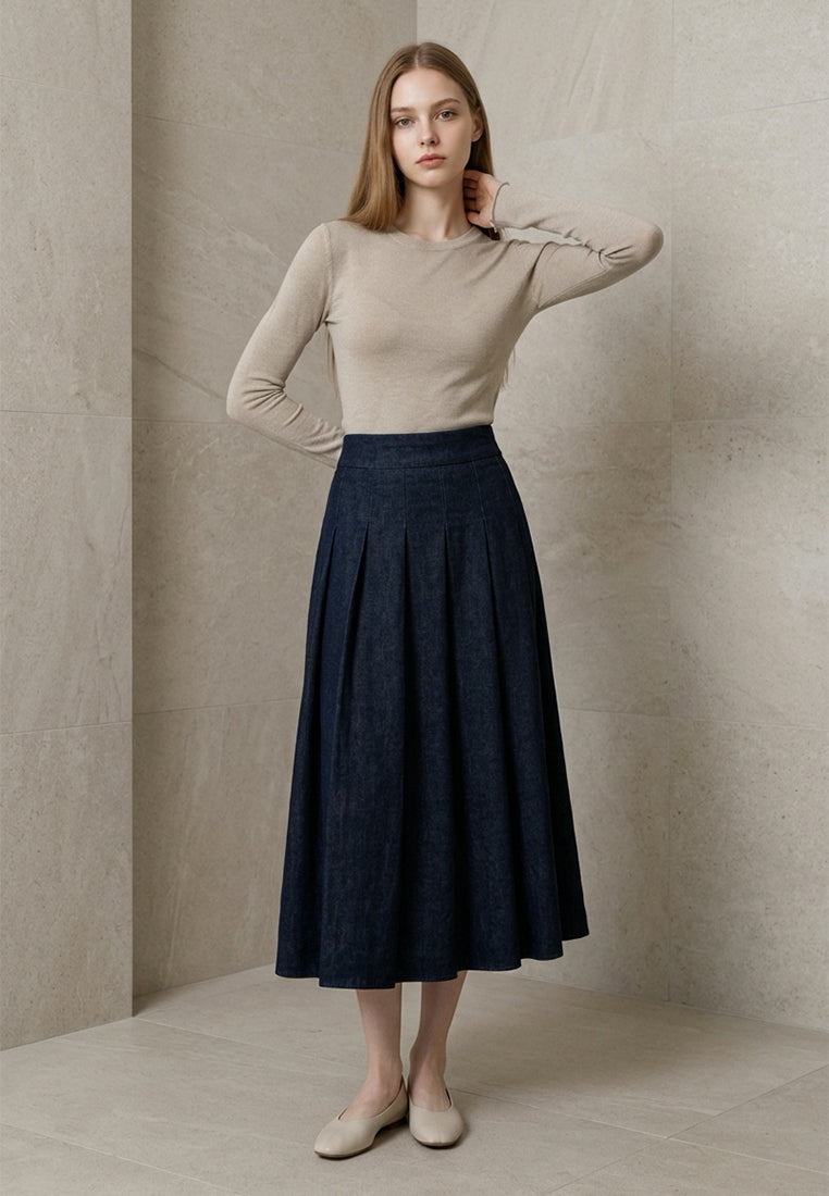 Plain B. A-Line Pleated Denim Midi Skirt