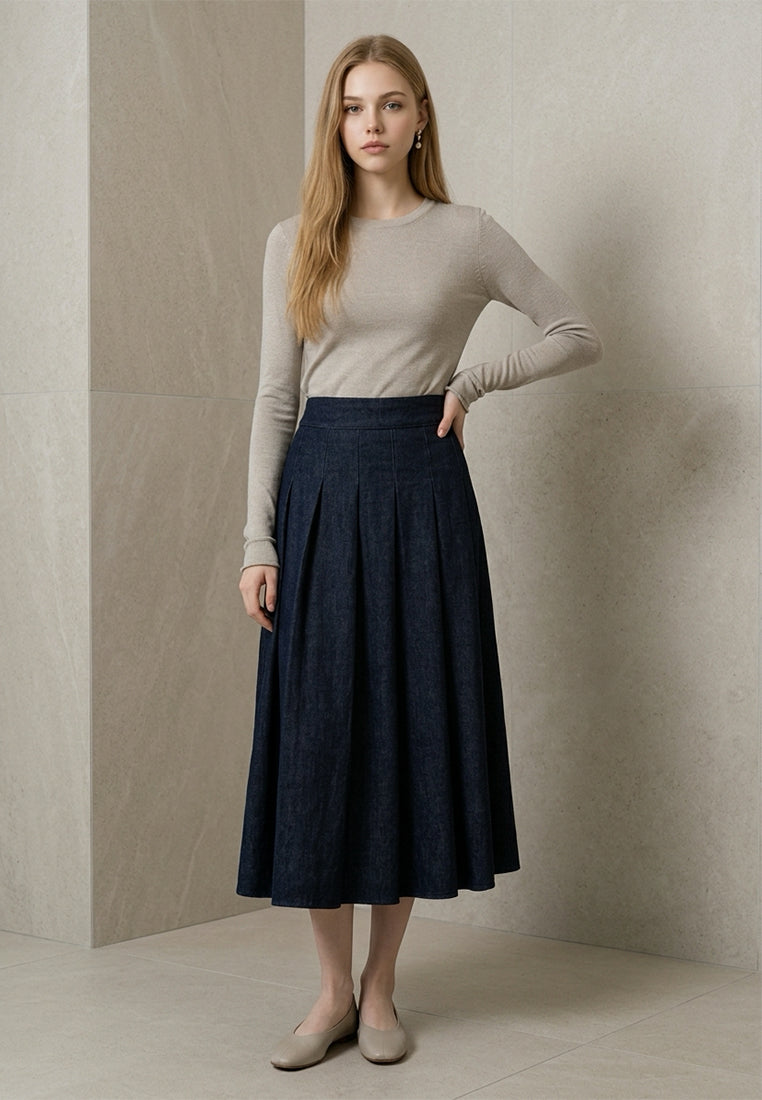 Plain B. A-Line Pleated Denim Midi Skirt