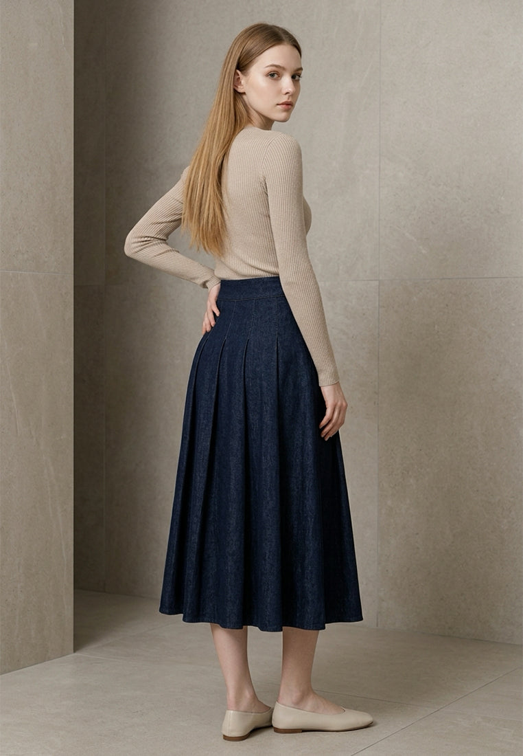 Plain B. A-Line Pleated Denim Midi Skirt