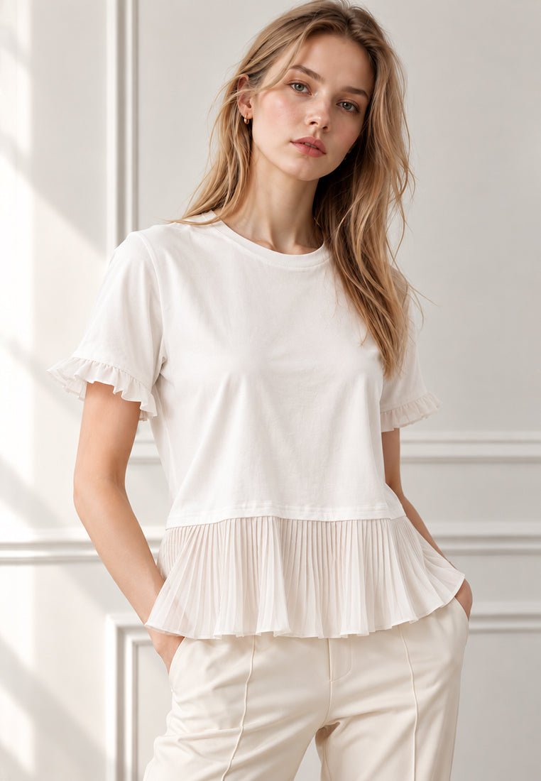Plain B. Crewneck Top with Pleated Peplum Hem