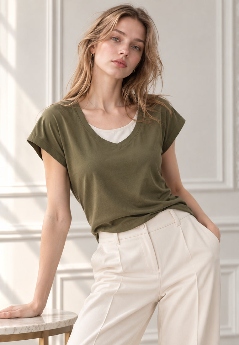 Plain B. Layered V-Neck Cap-Sleeve Top