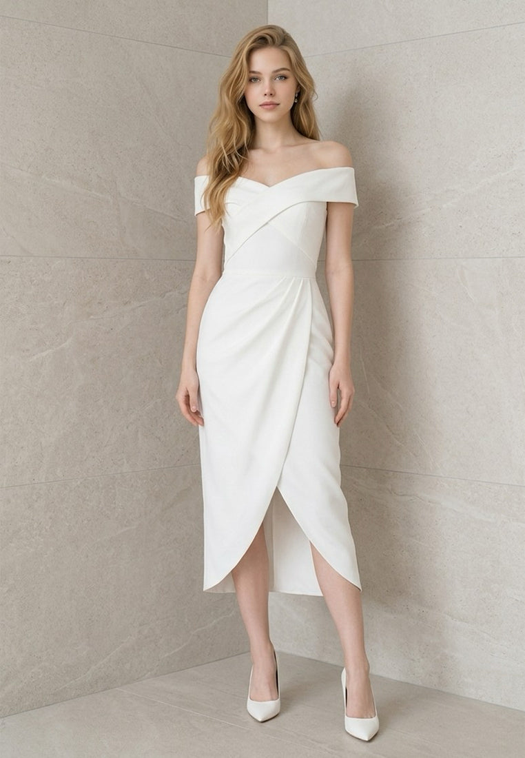 BebeBeige Off Shoulder Ruched Crossover Midi Dress