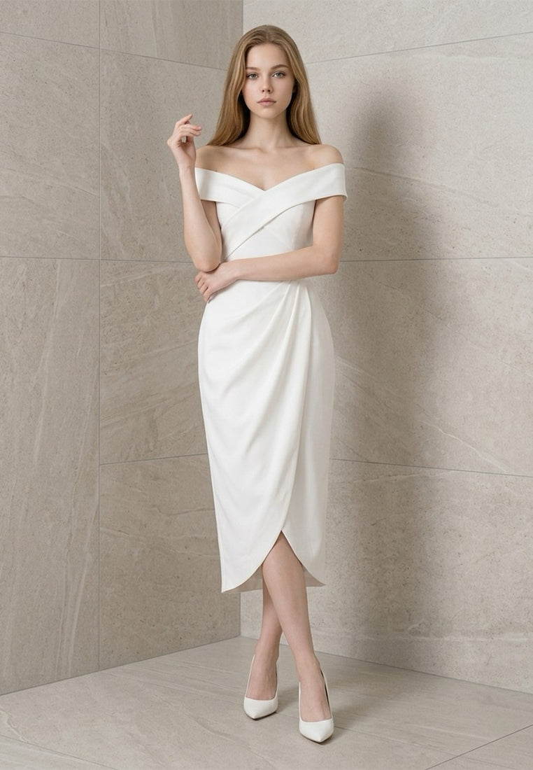 BebeBeige Off Shoulder Ruched Crossover Midi Dress