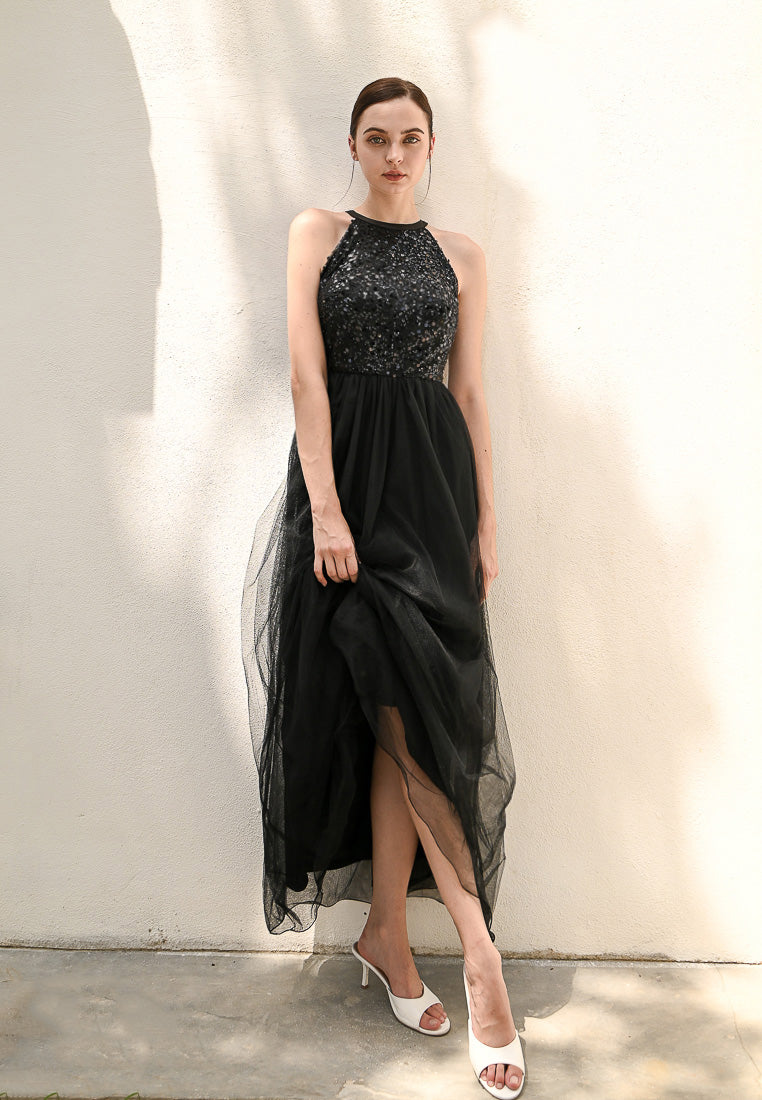 BebeBeige Halter Neck Sequins Mesh Maxi Long Dinner Dress