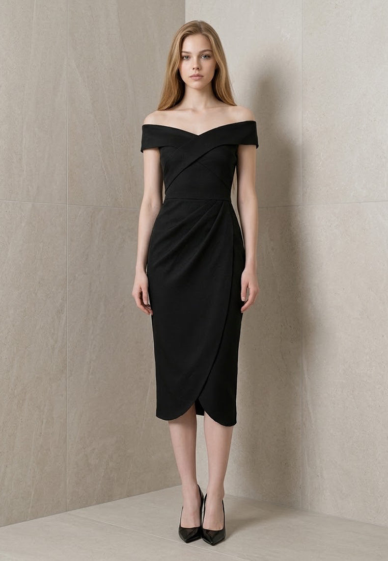 BebeBeige Off Shoulder Ruched Crossover Midi Dress