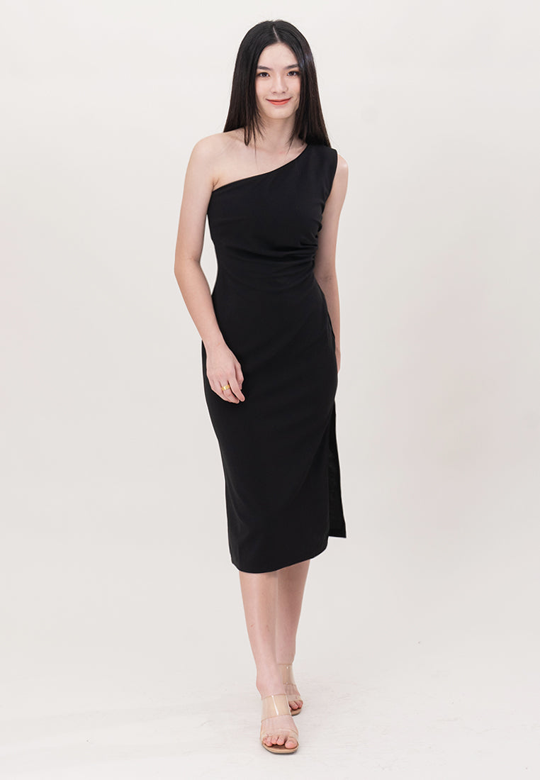 BebeBeige Polyester One Shoulder Slim Fit Midi Dinner Dress