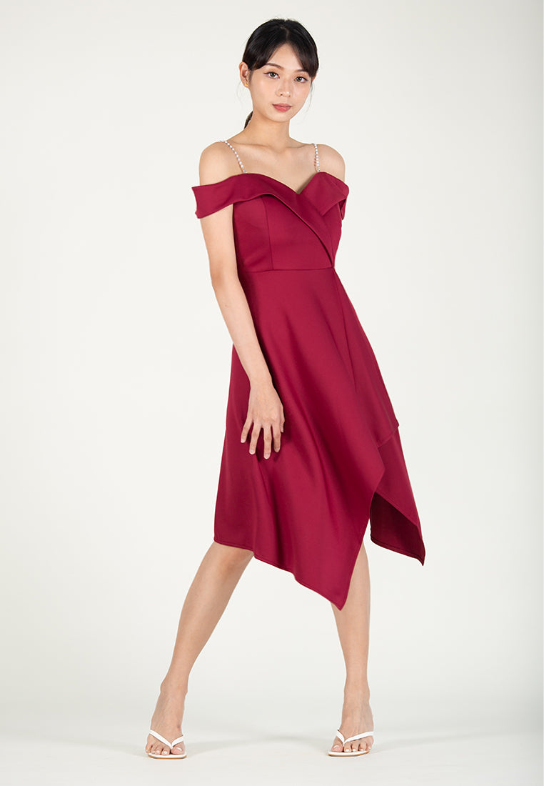 BebeBeige Off Shoulder Polyester Flared Midi Dinner Dress