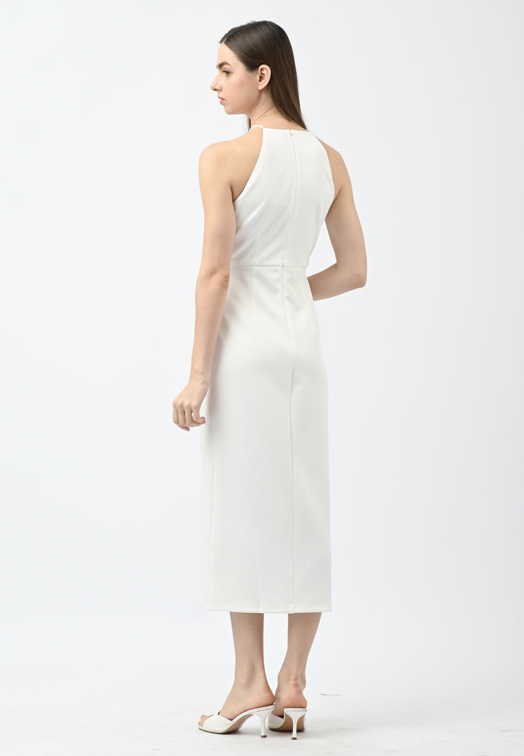 BebeBeige Pearl-Embellished Halter Ruched Tulip Midi Dress