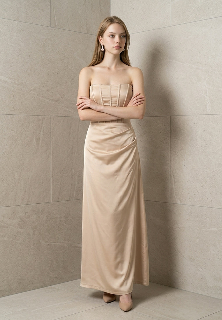 BebeBeige Corset-Detail Strapless Satin Maxi Dress