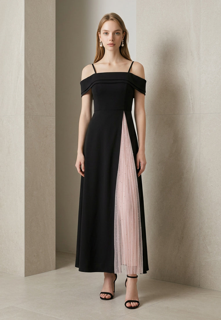 BebeBeige Foldover Cold-Shoulder Maxi Dress with Pleated Mesh Inset