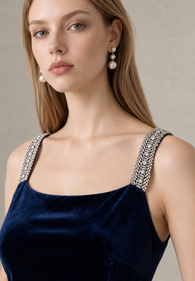BebeBeige Rhinestone Strap Velvet Maxi Dress