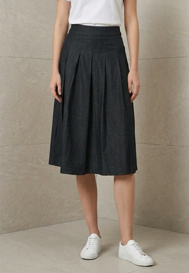 Plain B. A-Line Pleated Denim Midi Skirt