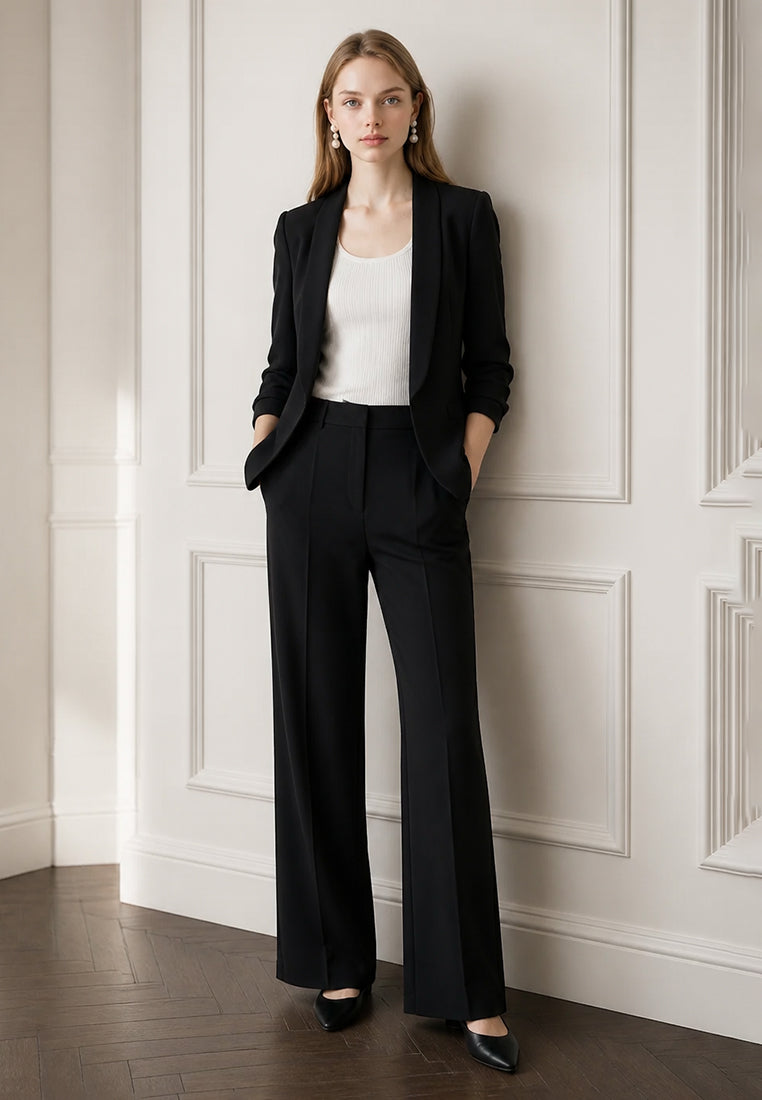 BebeBeige Lapel Open-Front Blazer with Ruched Sleeves