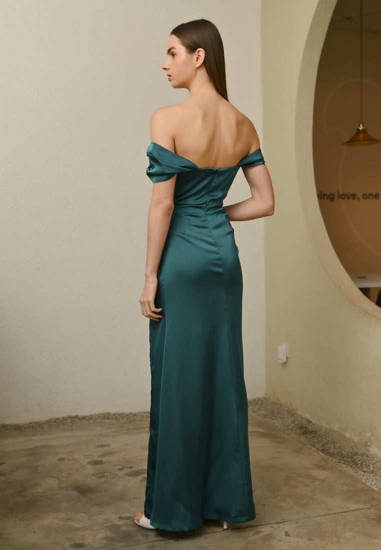 BebeBeige Off Shoulder Silk Dinner Dress