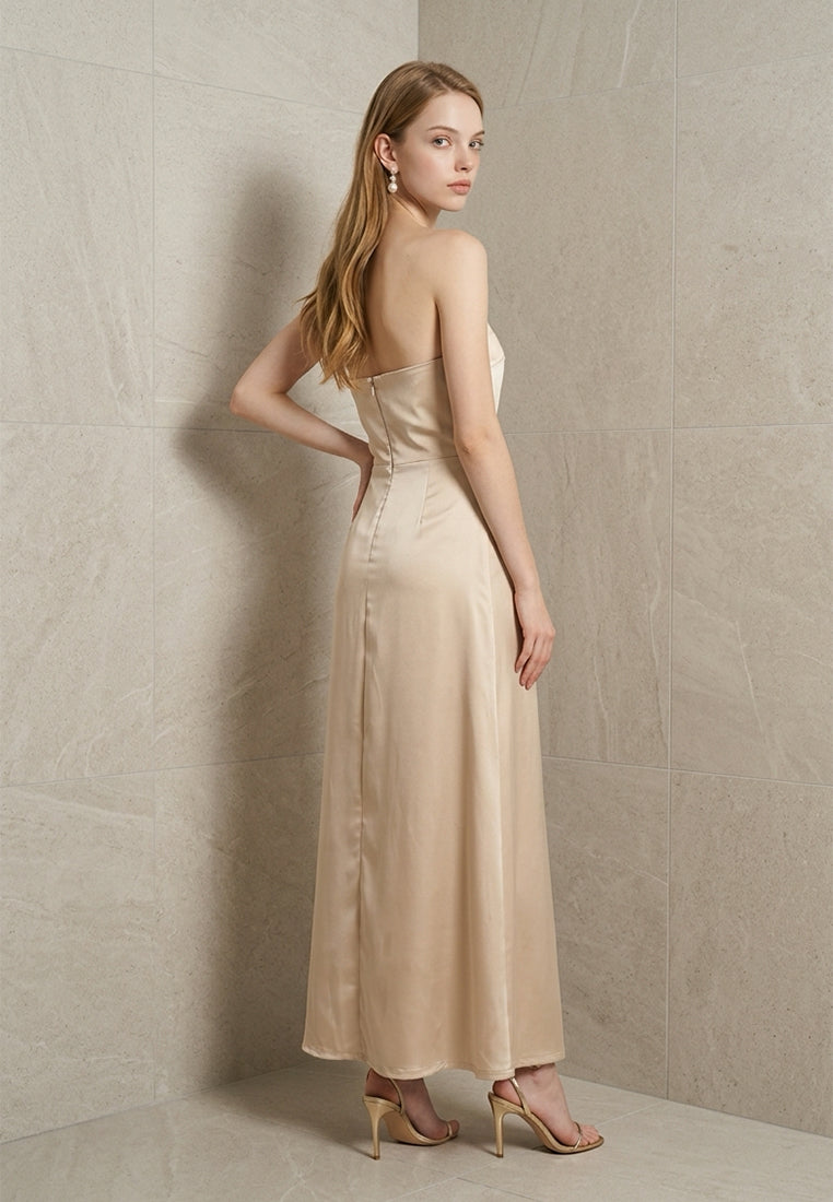 BebeBeige Corset-Detail Strapless Satin Maxi Dress