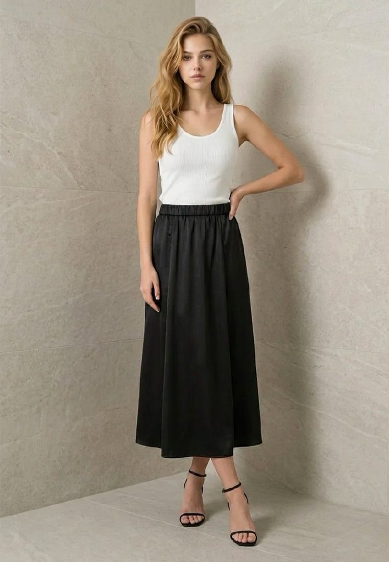 Plain B. Silky High-Rise Elastic-Waist Swing Midi Skirt