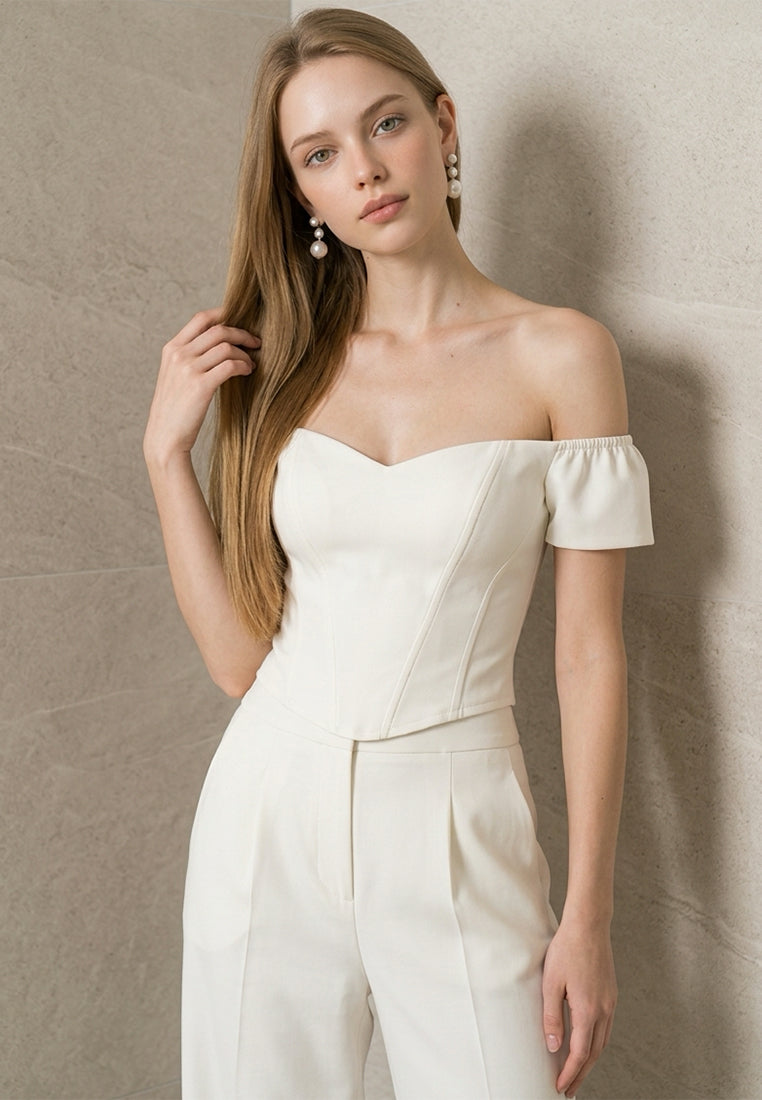 BebeBeige Off Shoulder Sweetheart Corset Top with Cap Sleeves