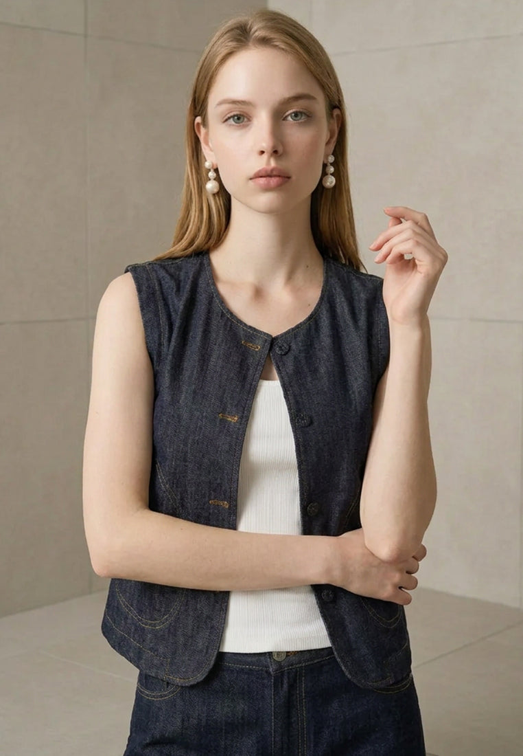 Plain B. Round Neck Denim Vest