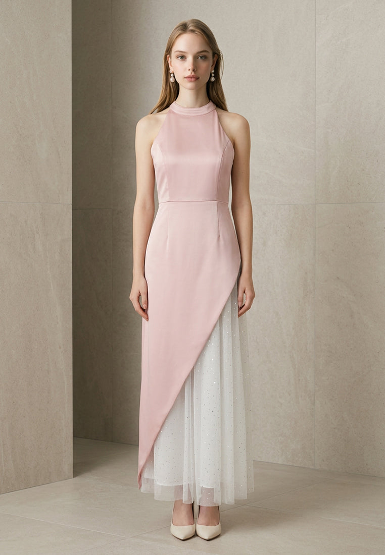 BebeBeige High-Neck Asymmetrical Satin & Mesh Evening Dress