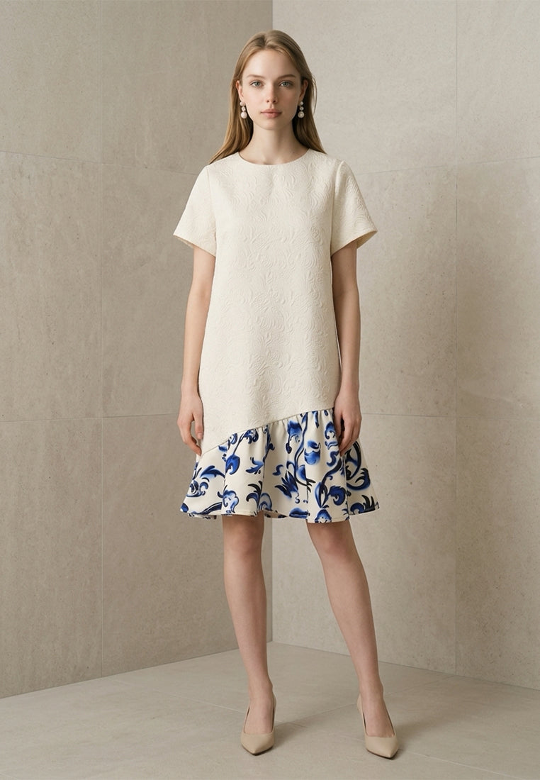 BebeButterfly Floral Porcelain Print Drop-Waist Mini Dress