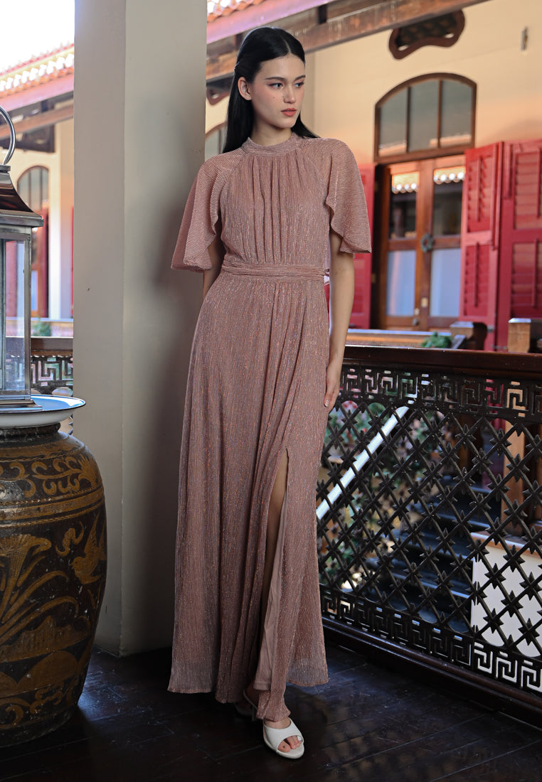 BebeButterfly Pleated Metallic Crepe Maxi Dress