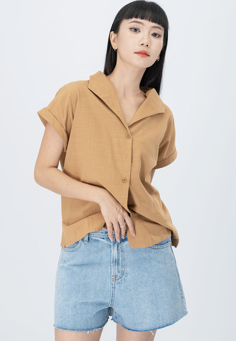Plain B. Collar Short Sleeve Polyester Button Shirt Top Black