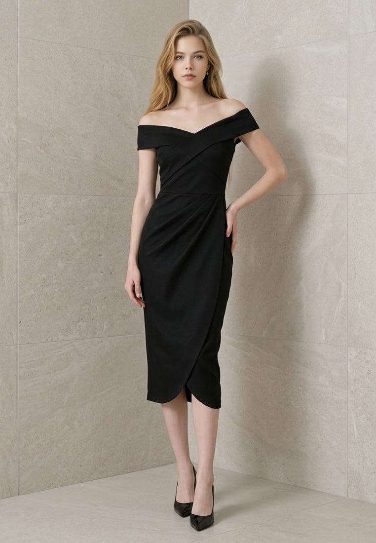 BebeBeige Off Shoulder Ruched Crossover Midi Dress