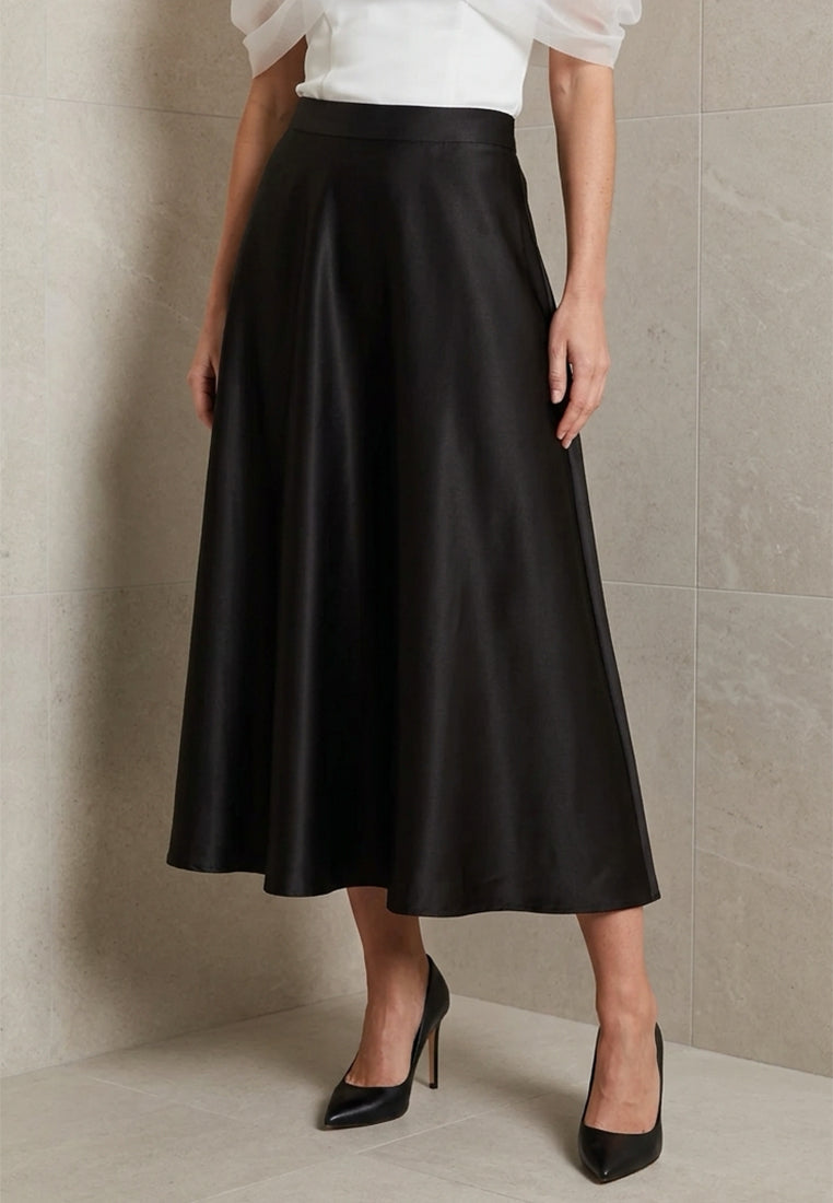BebeBeige High-Waisted Satin Flared A-Line Midi Skirt