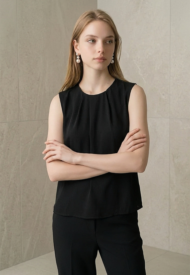 BebeBeige Pleated Front Sleeveless Blouse