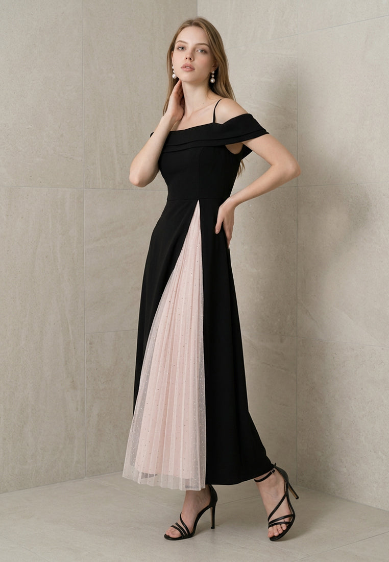 BebeBeige Foldover Cold-Shoulder Maxi Dress with Pleated Mesh Inset