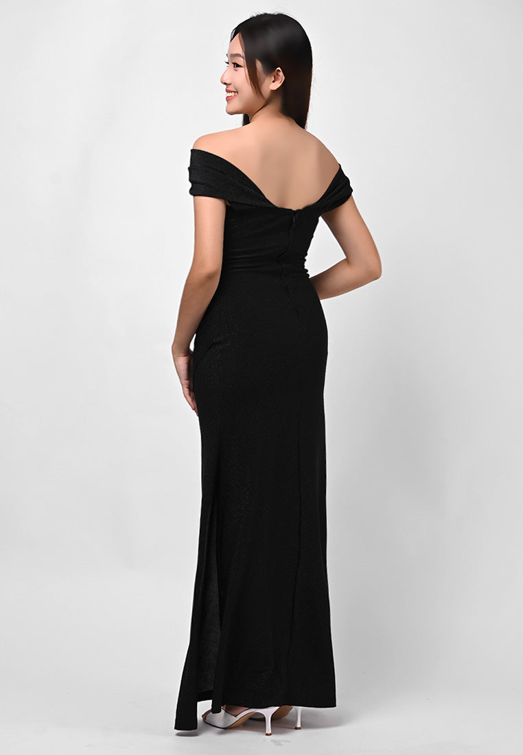 BebeBeige Off-shoulder Glitter Dinner Dress