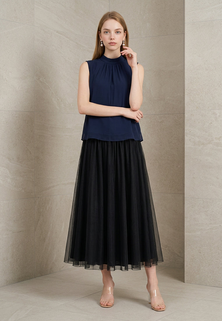 BebeBeige Fluid Pleated Mesh Tulle Midi Skirt