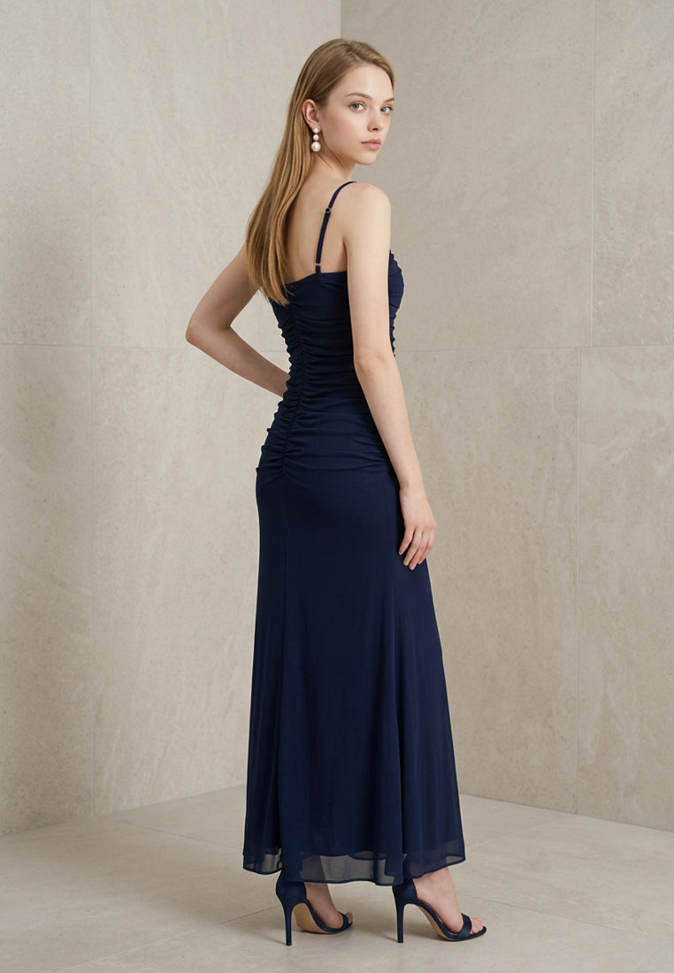 BebeBeige Elegant Cowl Neck Ruched Dinner Dress