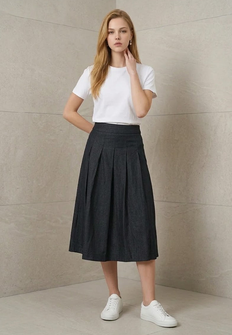 Plain B. A-Line Pleated Denim Midi Skirt