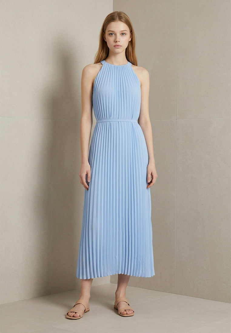 BebeBeige Halter Neck Pleated Maxi Dress