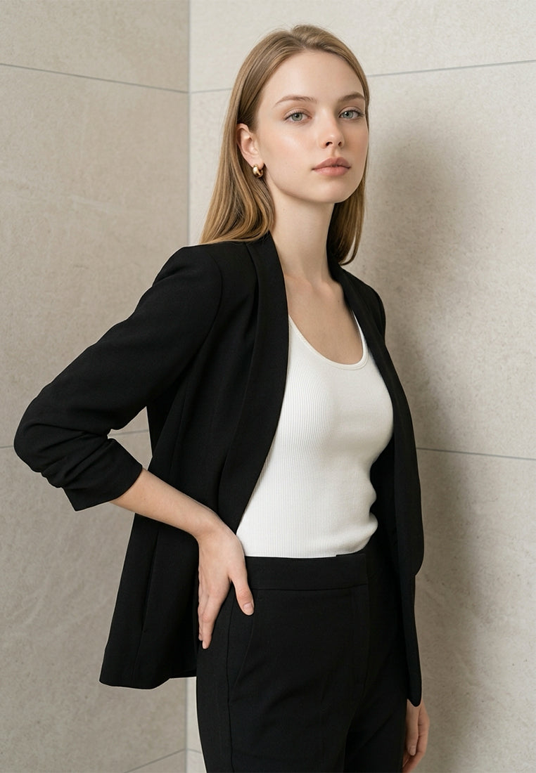 BebeBeige Lapel Open-Front Blazer with Ruched Sleeves