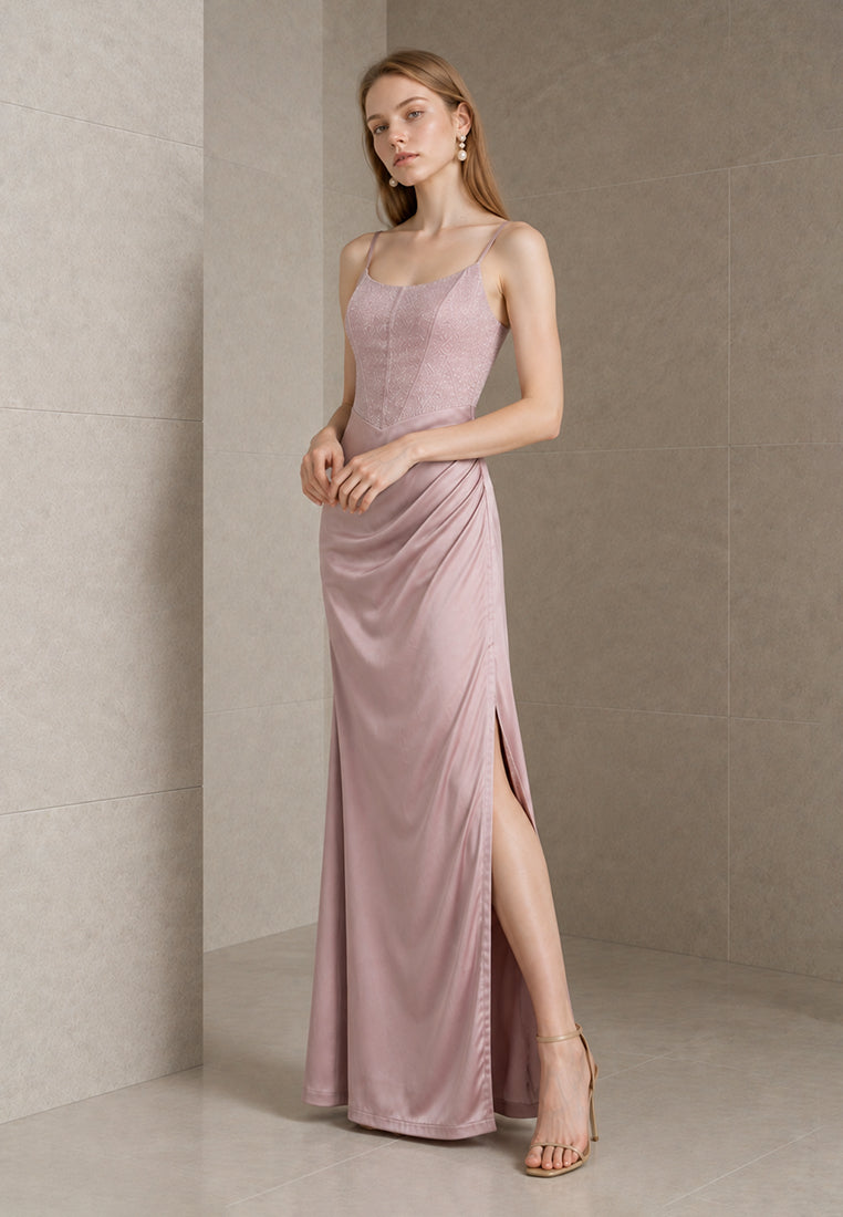 BebeBeige Glitter Corset Satin Maxi Dress