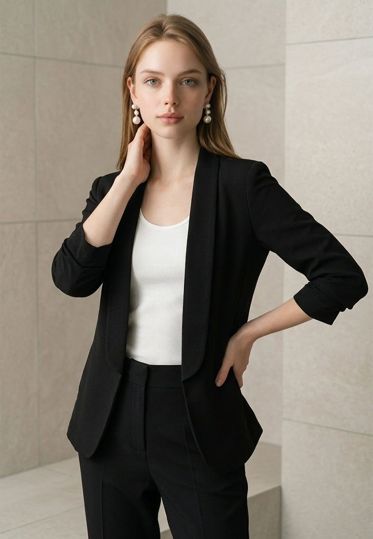 BebeBeige Lapel Open-Front Blazer with Ruched Sleeves