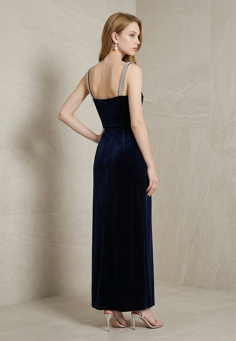 BebeBeige Rhinestone Strap Velvet Maxi Dress