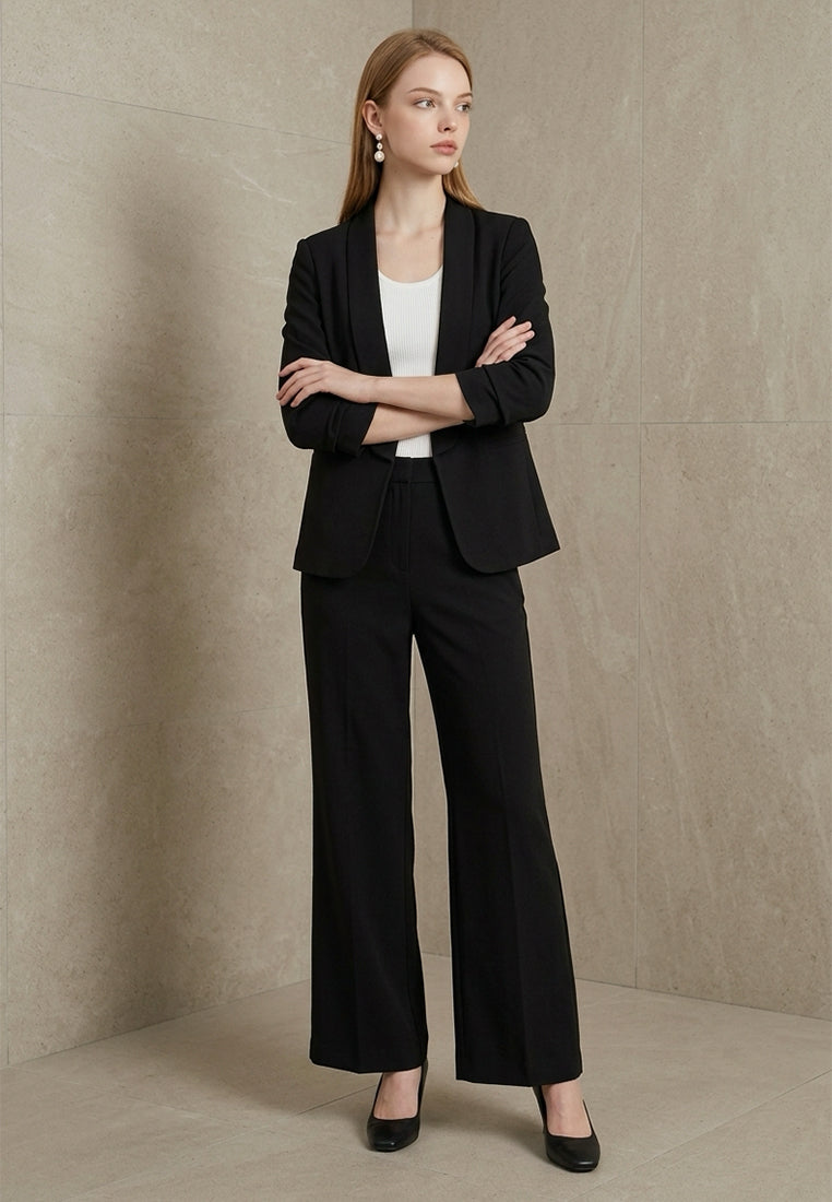BebeBeige Lapel Open-Front Blazer with Ruched Sleeves