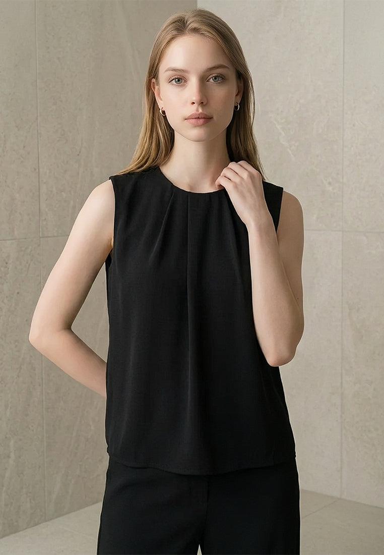 BebeBeige Pleated Front Sleeveless Blouse