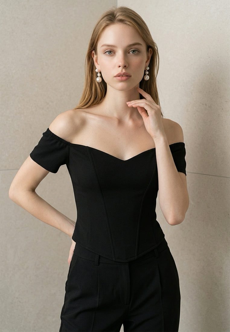 BebeBeige Off Shoulder Sweetheart Corset Top with Cap Sleeves