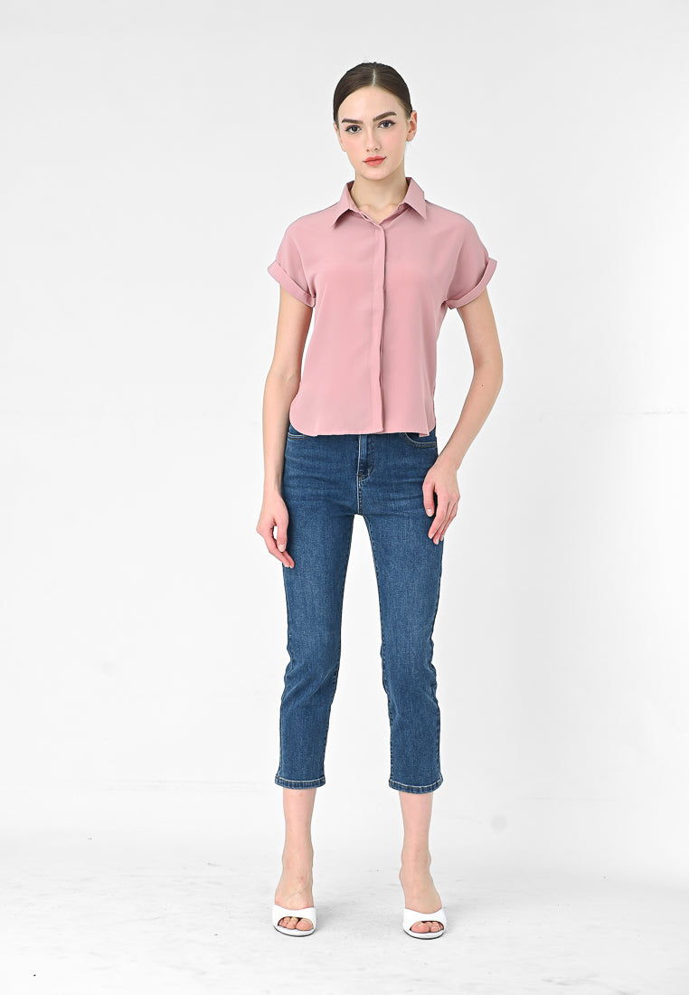 BebeBeige Silky Collar Shirt Top