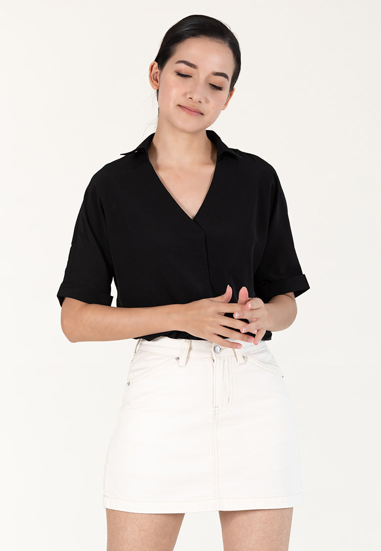 BebeBeige Collar Folded Short Sleeve Blouse Top