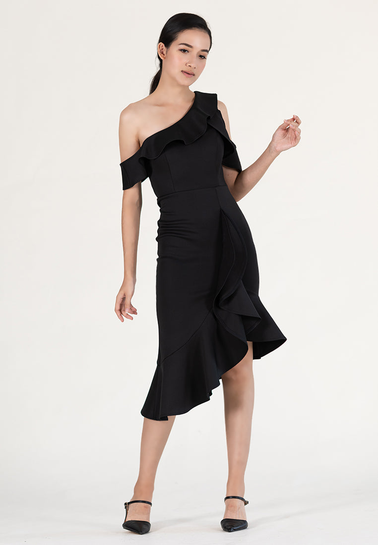 Bebebeige Cold Shoulder Polyester Mermaid Style Midi Dinner Dress