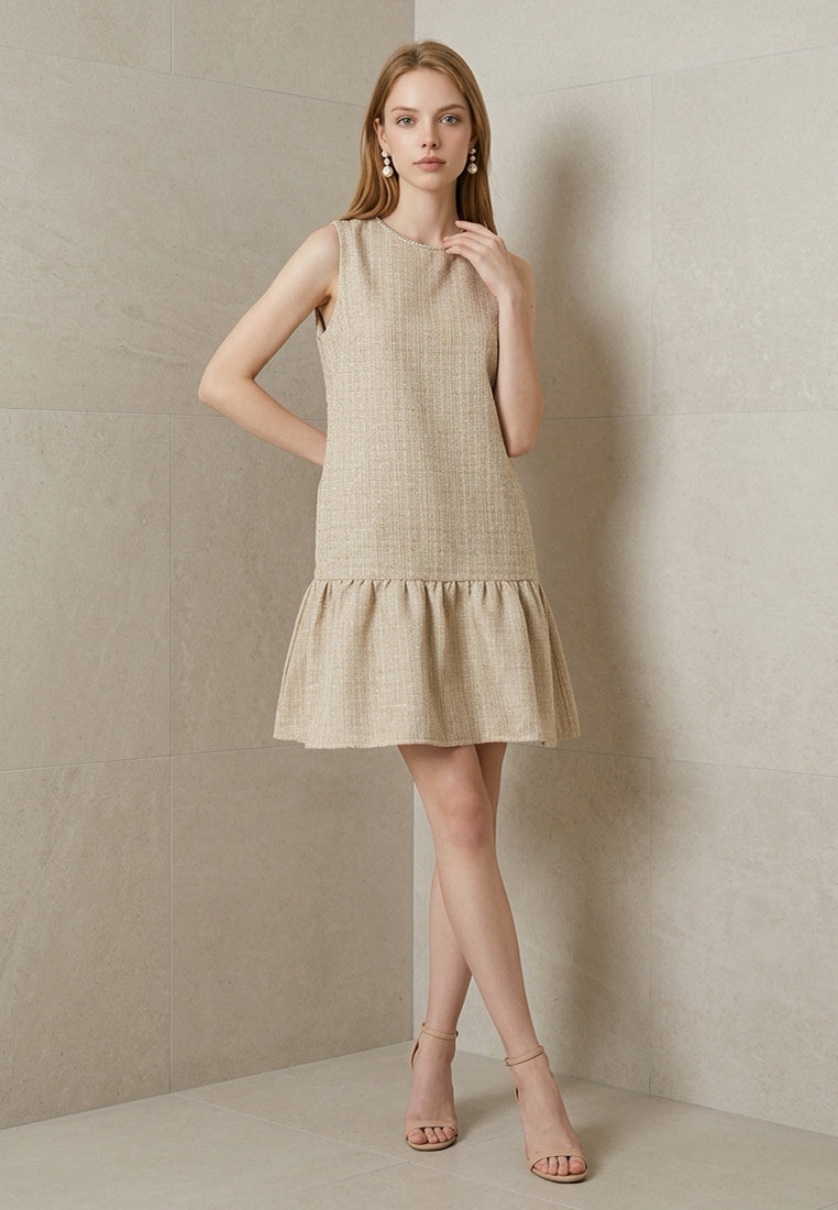 BebeBeige Elegant Sleeveless Pearl Trim Tweed Dress
