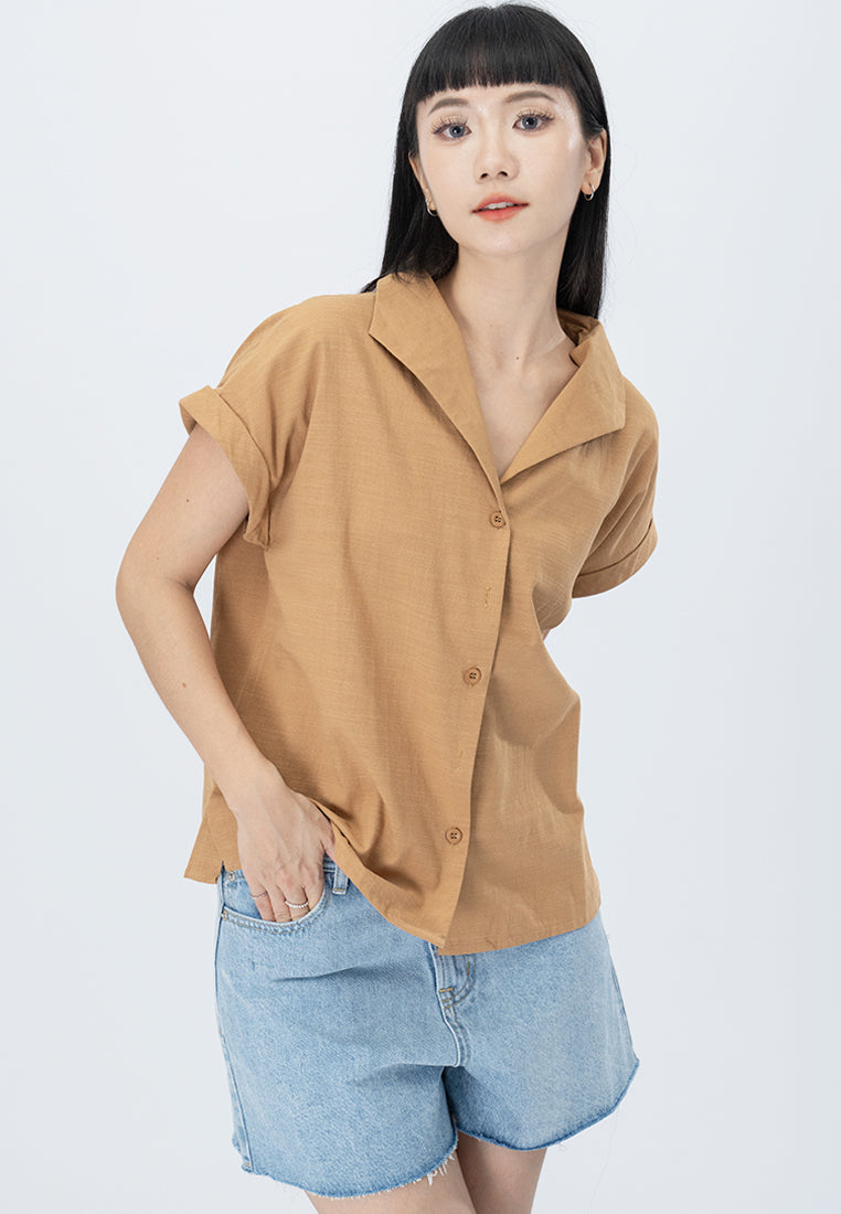 Plain B. Collar Short Sleeve Polyester Button Shirt Top Black