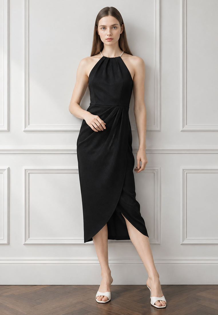 BebeBeige Pearl-Embellished Halter Ruched Tulip Midi Dress